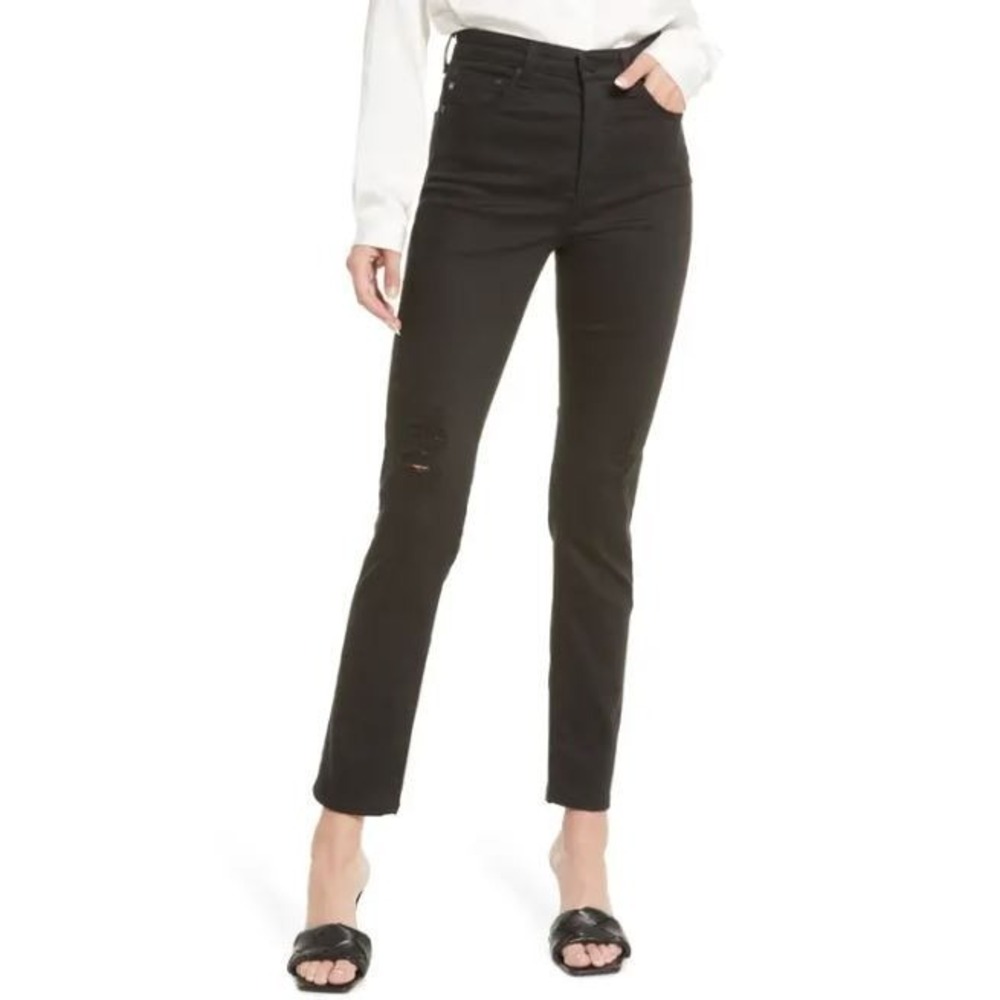 Caslon Women's 5-Pocket Stretch Straight Lightly Distressed Jeans in Black 00